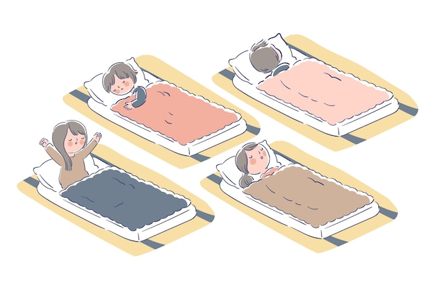 Persone che dormono in interni in futon