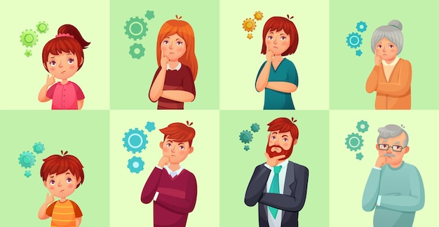 People solving problem or thinking serious decision. kid or children teenagers. office workers generating idea, brainstorming. old grandparents, elderly cartoon people vector illustration