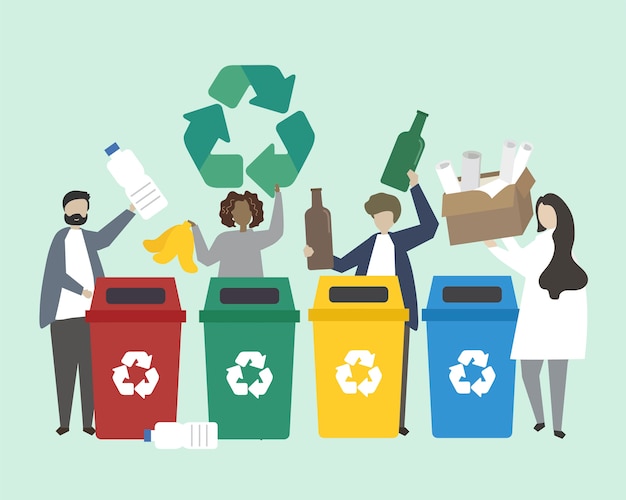 People sorting garbage into recycle bins illustration