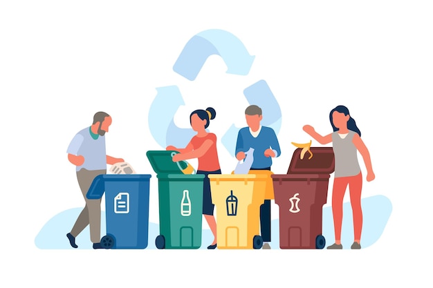 People sorting garbage. men and women throw out trash in plastic color dumpsters, eco containers, separate waste collection, taking care of environment, vector cartoon flat style isolated concept