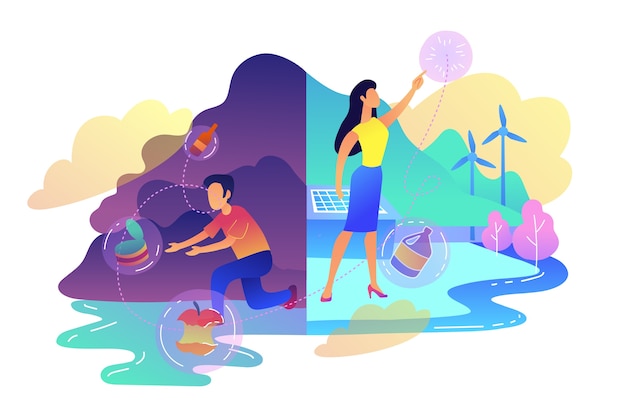 Free vector people sorting garbage trying to reach zero waste illustration