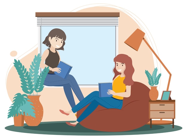 Free vector people spending time in the living room