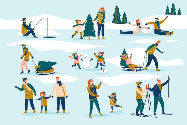 Free vector people spending time outdoors in the winter