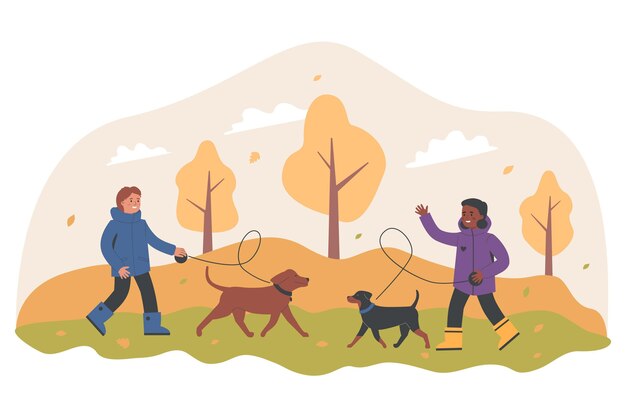 People spending time together with their pet in autumn