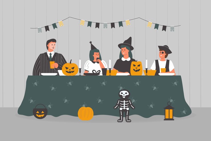 無料Vector 不気味なハロウィーンの夕食の人々
