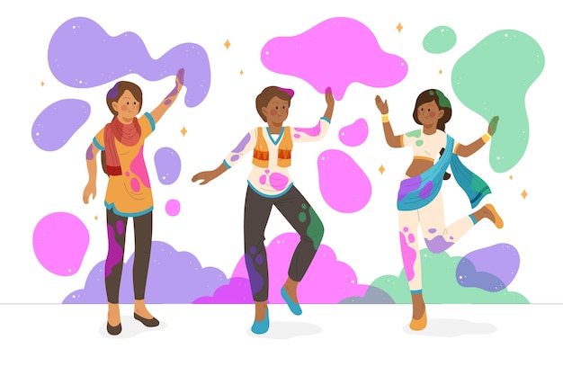 Free vector people stained with paint celebrating holi festival