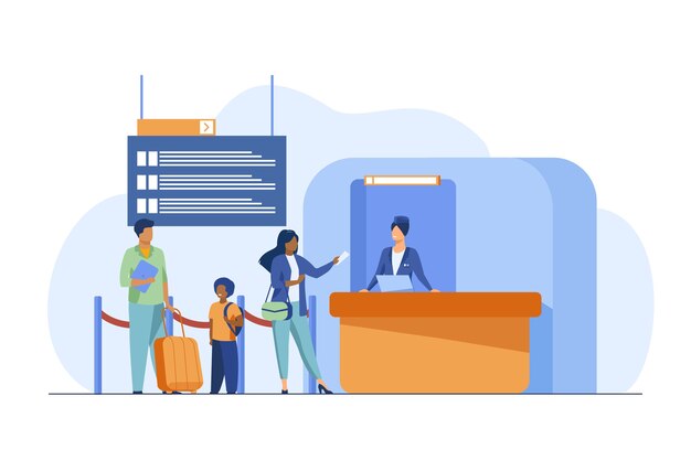People standing at flight registration counter. Family, baggage, ticket flat vector illustration. Travelling and vacation