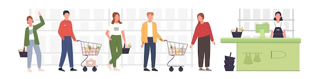 Free vector people standing in line and waiting in grocery shop. men and women waiting in retail store or supermarket