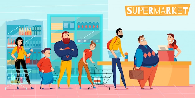 La gente che sta nella coda lunga del supermercato che allinea l'illustrazione piana orizzontale aspettante nella composizione in servizio di servizio di pagamento di verifica