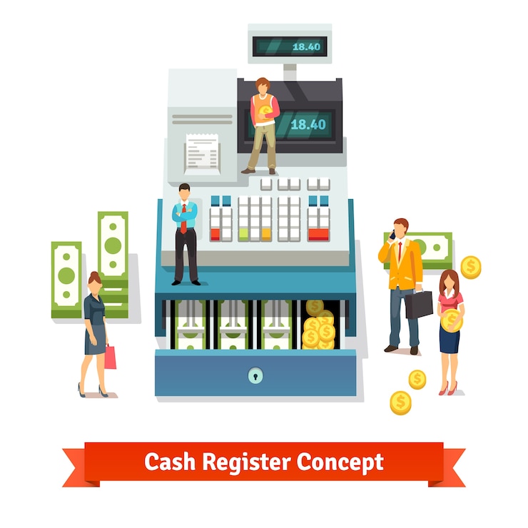 Free Vector people standing near an opened cash register