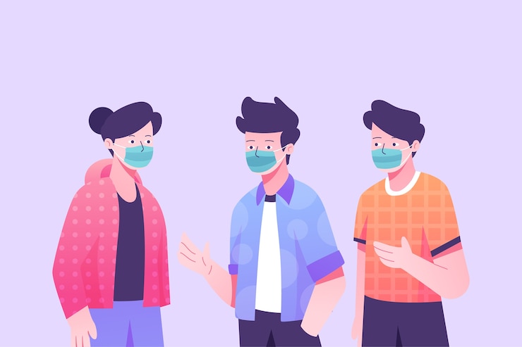 Free Vector people standing and wearing surgeon masks