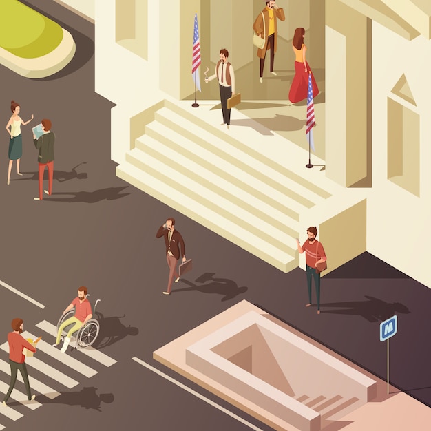 Free vector people in street near government building isometric vector illustration