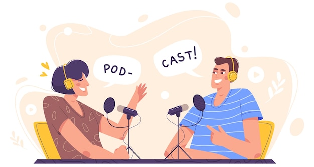 People in studio recording audio podcast in flat style