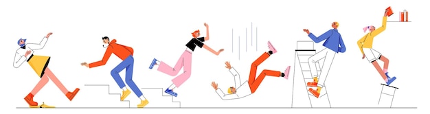 Free vector people stumble on stairs fall down slip on peel