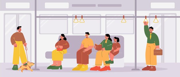 People at subway train car interior Men women and kids reading book listen music sit and stand with pets in metro wagon Underground railway commuter with passengers Line art vector illustration