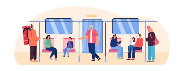Люди в поезде метро плоские векторные иллюстрации. Беременная женщина, семья с детьми, турист с рюкзаком и девушка с гитарой в метро или метро разговаривают, стоят и сидят. Транспорт, концепция автомобиля