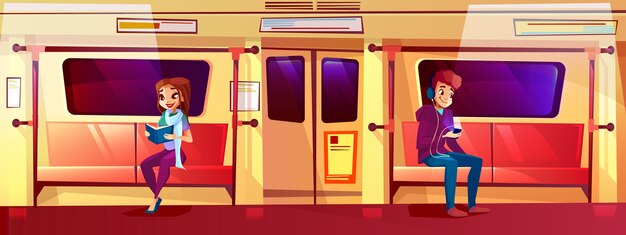 Люди в метро поезд Иллюстрация подростков мальчик и девочка в метро.