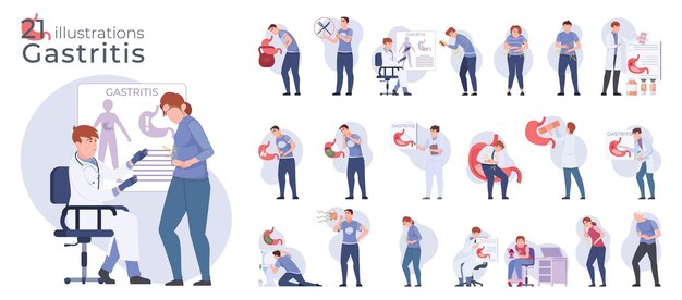 People suffering from gastritis symptoms flat set isolated against white background vector illustration