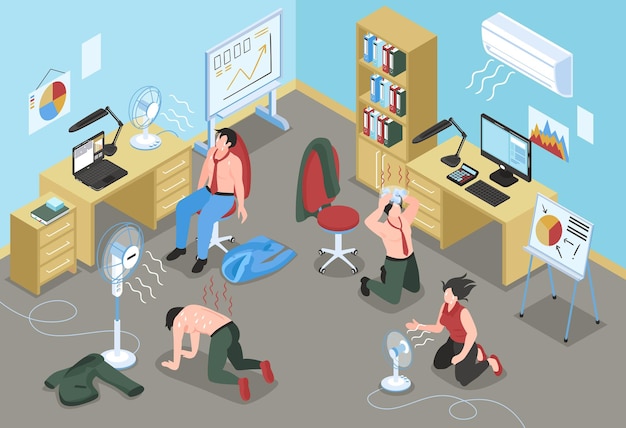 Free Vector | People suffering from hot weather in office with air  conditioner and fans illustration