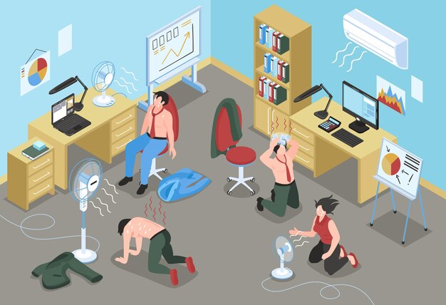 Люди страдают от жаркой погоды в офисе с кондиционером и вентилятором иллюстрации