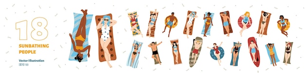 Free vector people sunbathing lying on towel mat surfboard