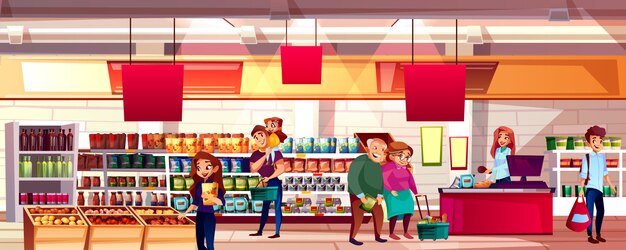 People in supermarket or grocery store illustration. Family choosing food products 