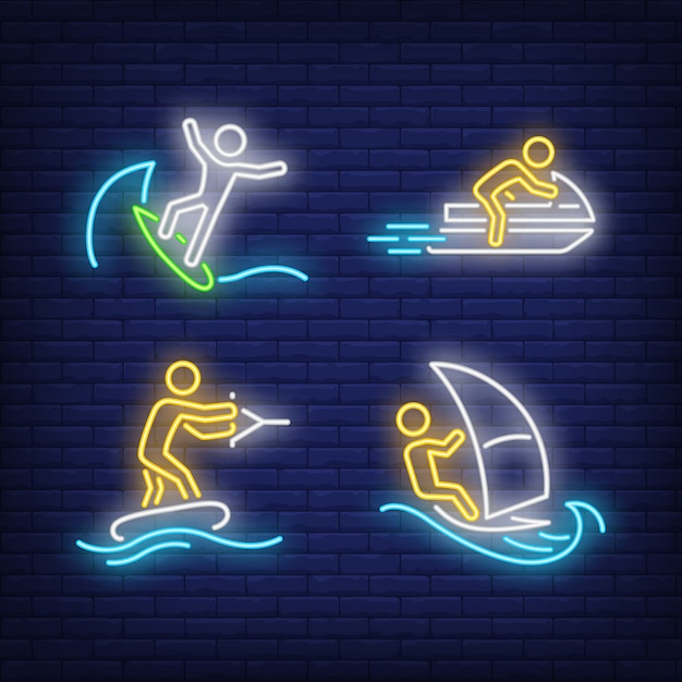 Free vector people surfing, riding on jet ski and wakeboarding neon signs set