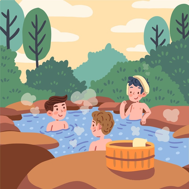 Free vector people taking a bath in onsen outdoors