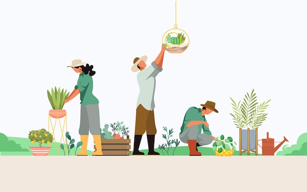 People taking care of plants flat design