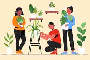 Free vector people taking care of plants hand drawn