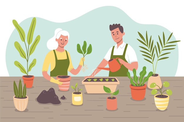 People taking care of plants together