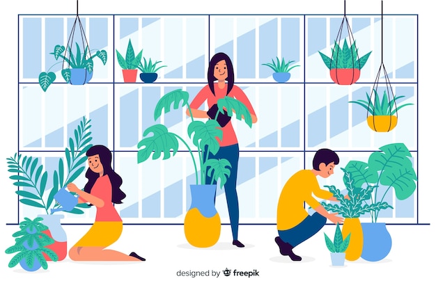 Free vector people taking care of plants