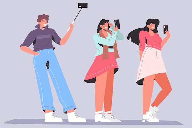 Free vector people taking selfies with phone