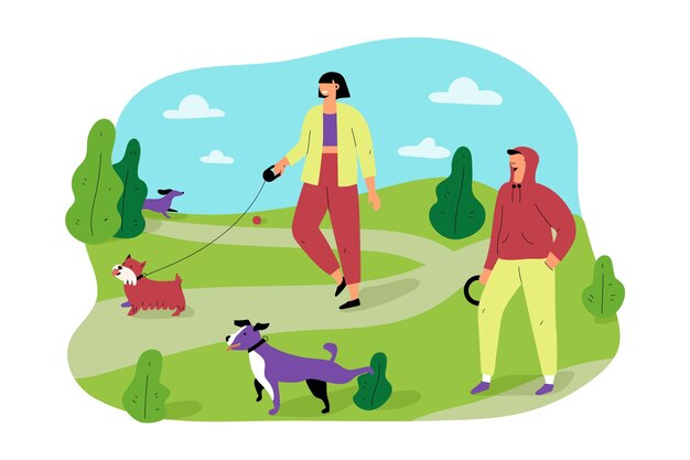 Люди гуляют со своими собаками в парке