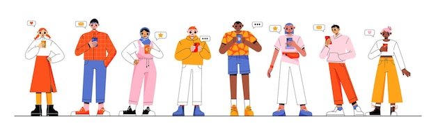 People talk by smartphones characters communicate