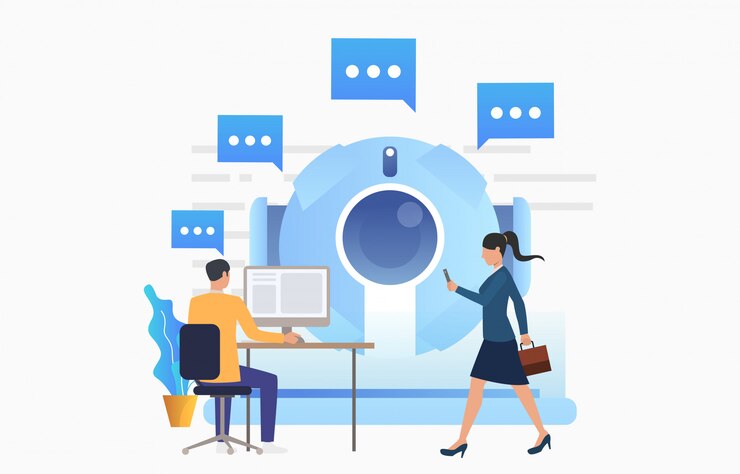 Free Vector people talking to isometric ai robot