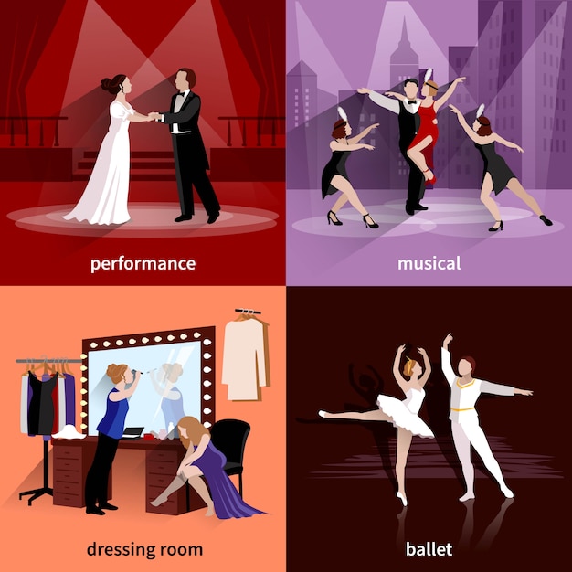 Free vector people on theater scenes performance musical ballet and in dressing room