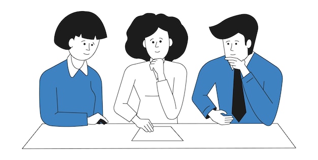 People thinking. coworkers sitting at table and looking at document. vector illustration