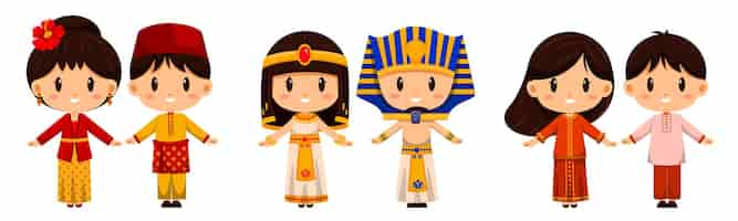 Free vector people in traditional clothing character. international dress represents the culture of peoples around the world