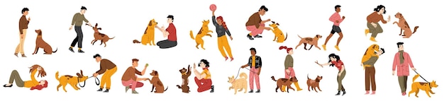 Free vector people training dogs hug and play with puppies