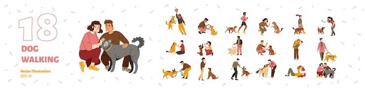 無料Vector 犬を訓練している人々が子犬と抱き合って遊ぶ