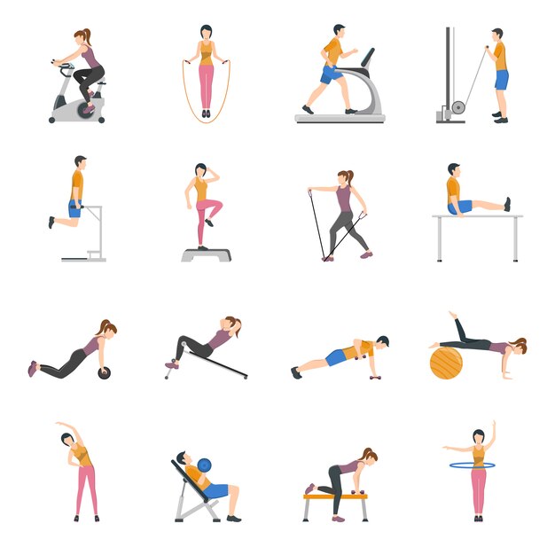 在健身房訓練的人們 Icons Set