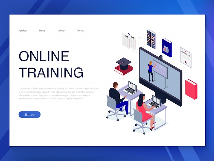 Free Vector people training online horizontal isometric banner on blue  3d