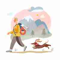 Free vector people travel with pet dog vacation trip adventure cartoon man tourist hiking outdoor pet owner hiker character walking with doggy in mountain landscape isolated on white