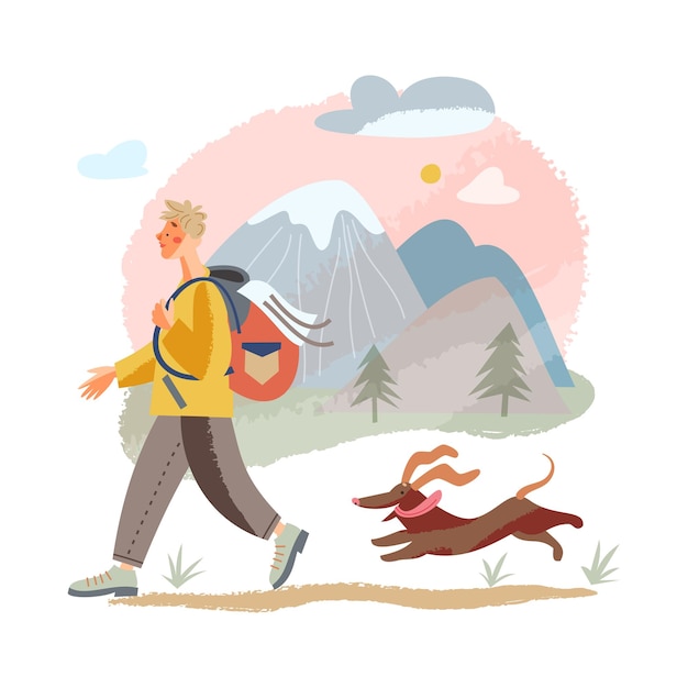 Люди путешествуют с собакой в отпуск, путешествие, приключение, мультяшный человек, турист, поход на открытом воздухе, владелец домашнего животного, турист, персонаж, гуляющий с собачкой в горном пейзаже, изолированном на белом