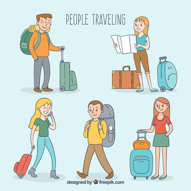 People traveling in hand drawn style