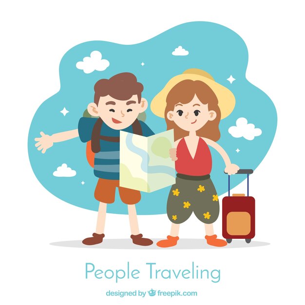 People traveling in hand drawn style