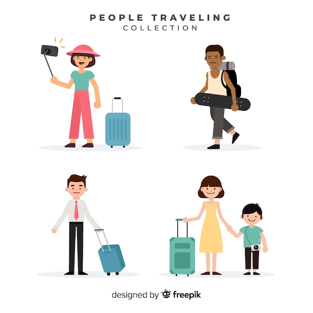 Люди, путешествующие с коллекцией чемоданов