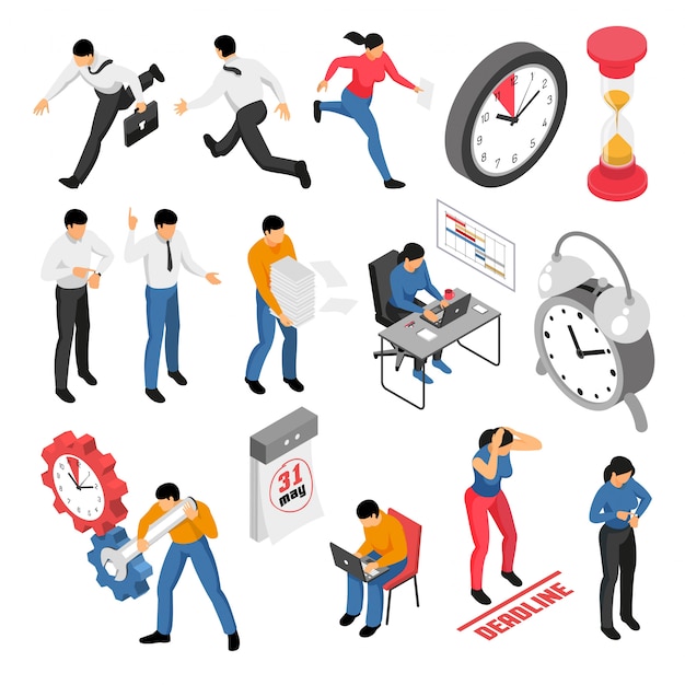 Free vector people trying to finish tasks before deadline isometric icons set isolated on white 3d