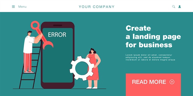 無料ベクター エラー通知を表示しているスマートフォンを修理しようとしている人。フラットベクトルイラストバナー。携帯電話の誤動作を修正する男性と女性が壊れています。ウイルススパム、詐欺の概念、技術。